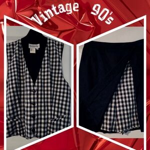 📣 Vintage 90s Breckenridge Vest Skort Set Gingham Black & Off White Check SZ 8